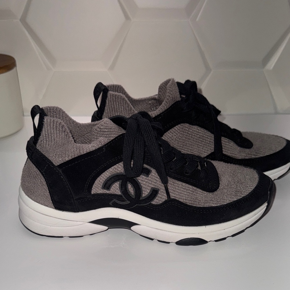 CHANEL Black and Gray Knit Suede Runner Sneakers